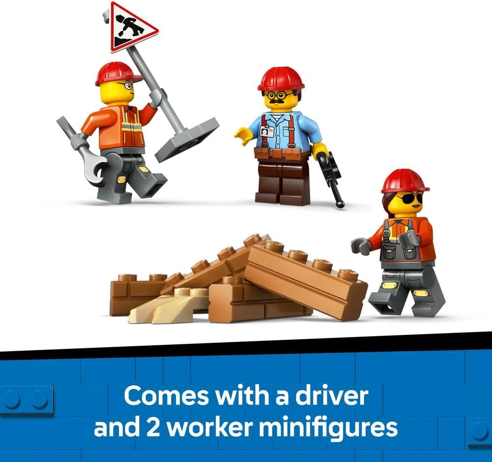 LEGO City Yellow Bulldozer Toy - Large Construction Vehicle Building Set - incl. 3 Minifigures plus Loose Bricks & Road Signs - Birthday Gift for 8+ Year Old Boys - 60466