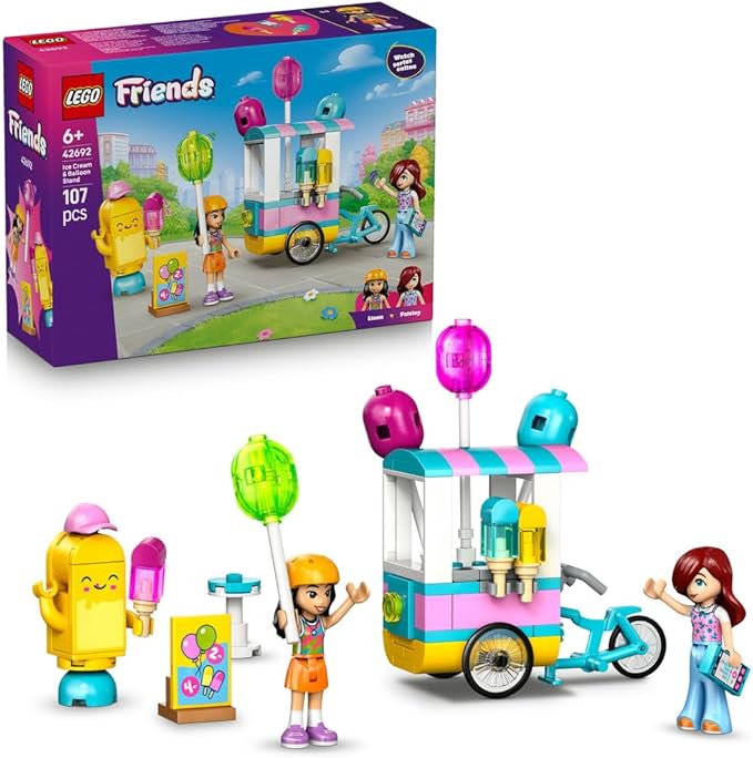 LEGO Friends Ice Cream & Balloon Stand - Toy Shop w/a Bike, 2 Mini Dolls, Play Food Accessories & Ice Pop Mascot - Birthday Gift for 6+ Year Old Girls - 42692