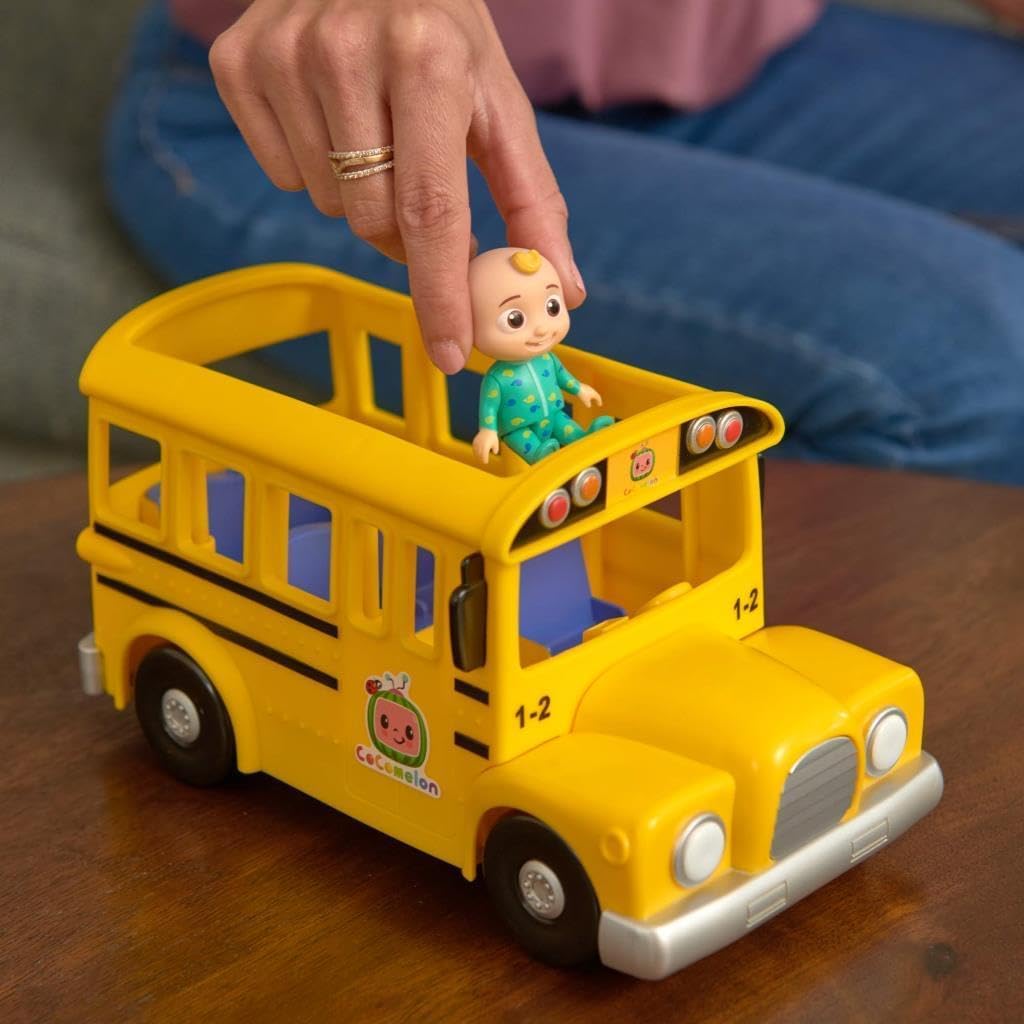 CoComelon Musical Yellow School Bus with JJ Figure, Light-Up & Sound Vehicle Toy, Wheels on the Bus Song, Battery Powered, Ages 2+
