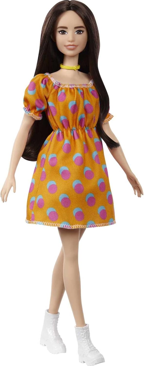 Barbie Fashionistas Doll 160 Long Brunette Hair Orange Patterned Dress White Shoes Yellow Choker GRB52 Multicolour Toy for Kids 3 to 8 Years