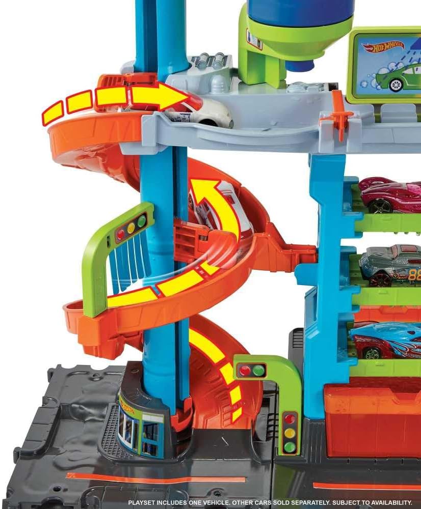 Hot Wheels City Mega Car Wash Playset with 1 Color Shifters Car, No-Mess Water Play, Track Features, Connects to Other Sets, Kids Toys for Ages 3 and Up