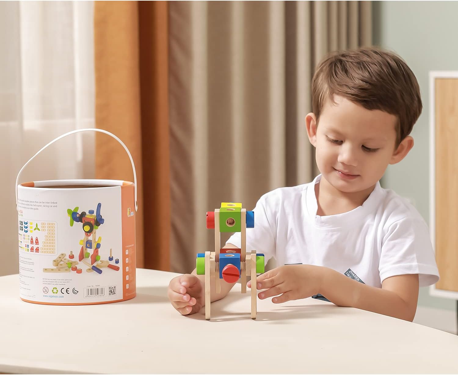 Viga Construction Block Set 68pcs, Wooden Building Blocks for Boys and Girls 3+, Creative Toy for Imaginative Play, Non-Toxic, Stacking and Construction Set