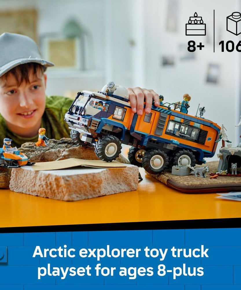 LEGO City Arctic Explorer Science Lab Truck Toy - Exploration Vehicle with Steering & Suspension - incl. a Snowscooter, 5 Minifigures & 3 Wolf Animal Figures - Gift for 8+ Year Old Boys - 60471