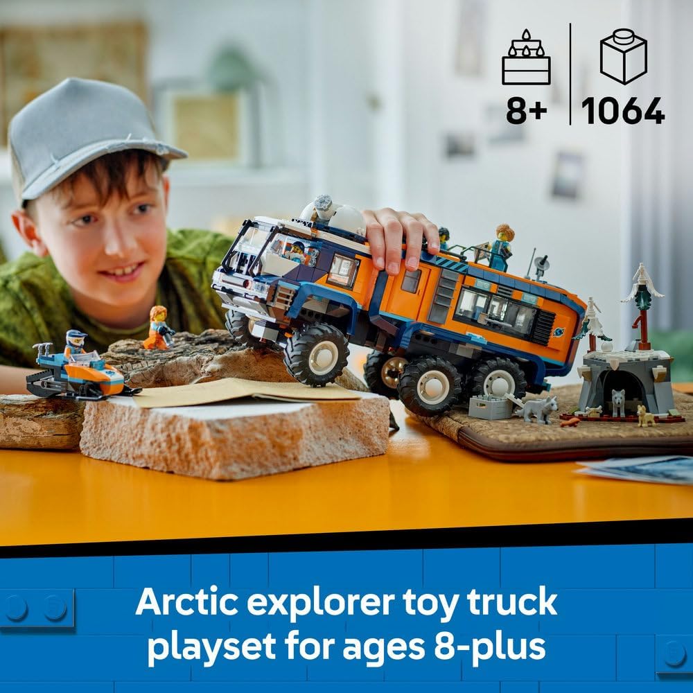 LEGO City Arctic Explorer Science Lab Truck Toy - Exploration Vehicle with Steering & Suspension - incl. a Snowscooter, 5 Minifigures & 3 Wolf Animal Figures - Gift for 8+ Year Old Boys - 60471