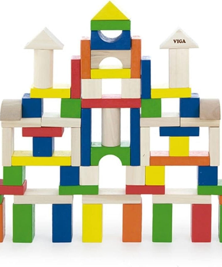 VIGA 100-Piece Wooden Building Blocks Set for Toddlers, Multicolored Montessori Construction Toy, Creative Learning Blocks, Ages 2+