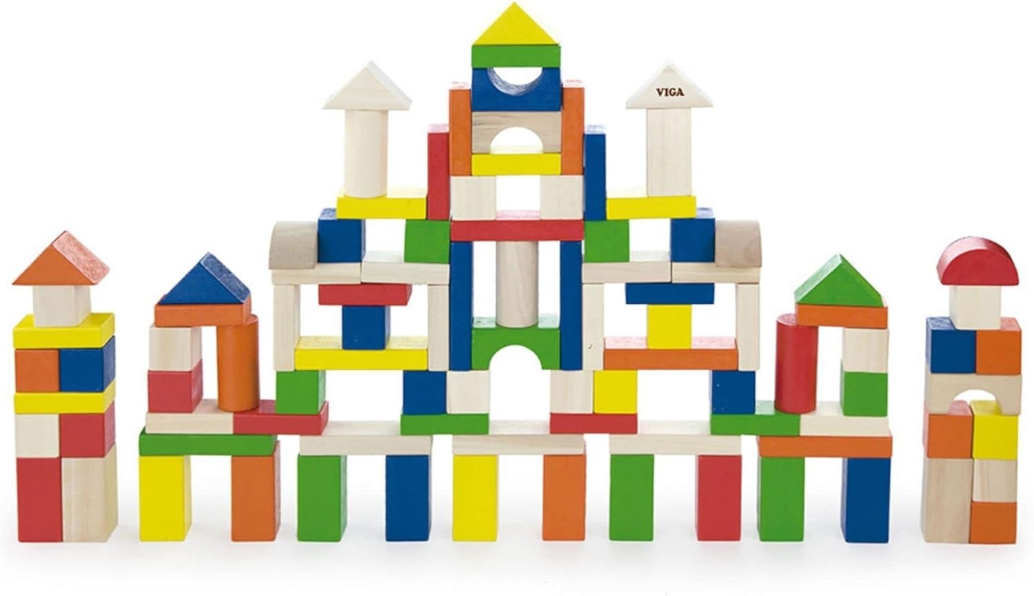 VIGA 100-Piece Wooden Building Blocks Set for Toddlers, Multicolored Montessori Construction Toy, Creative Learning Blocks, Ages 2+