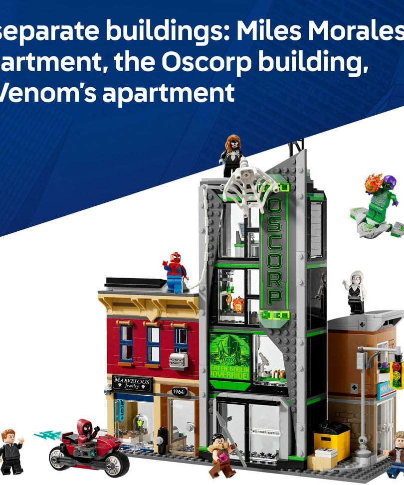 LEGO ǀ Marvel Spider-Man vs. Oscorp - Interactive Toy with a Motorbike, 8 Minifigures incl. Miles Morales & Green Goblin - Collectible Super Hero Gift for 10+ Year Old Boys & Fans - 76324