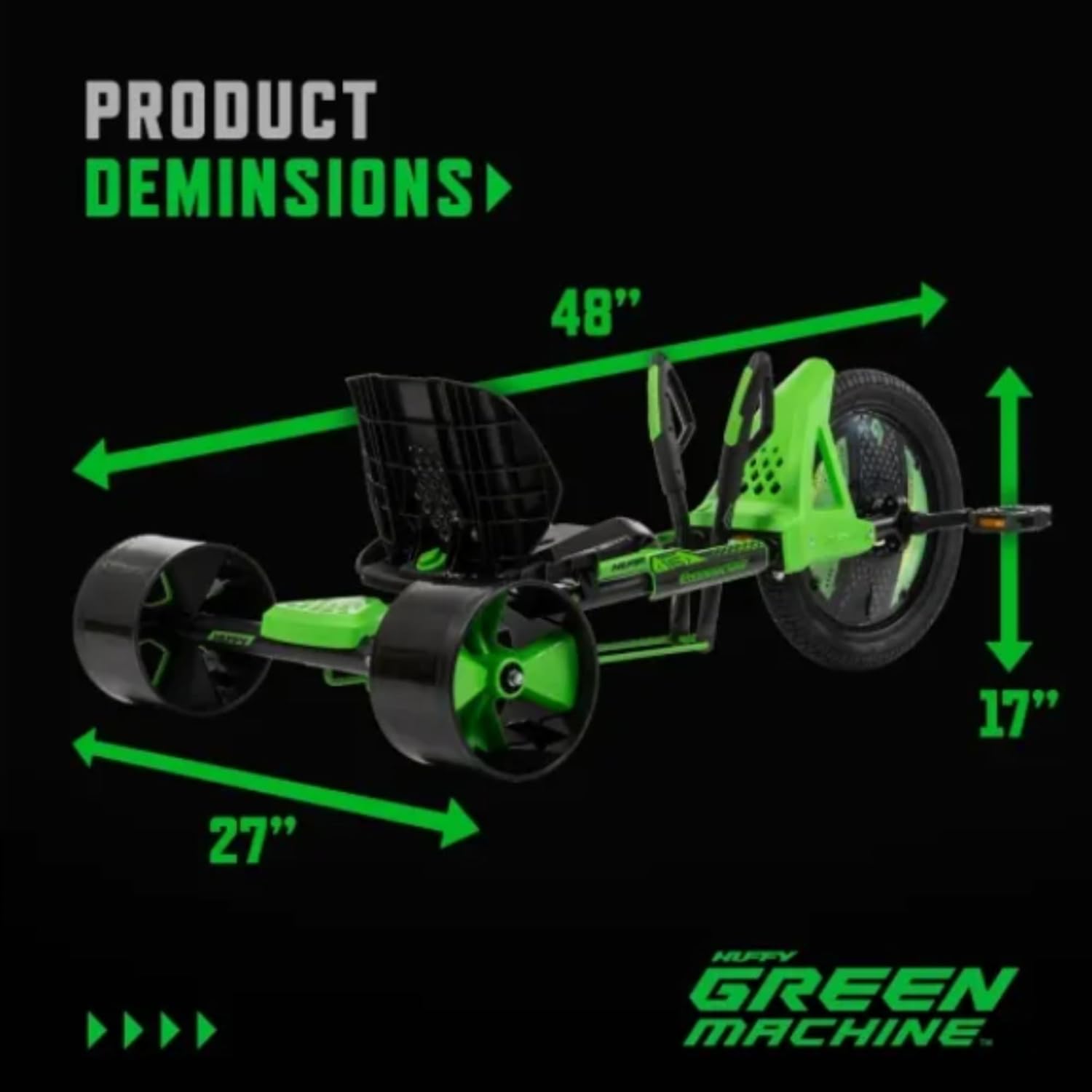 Huffy Green Machine 16 Inch Drift Trike, Pedal Powered Ride On with Dual Stick Steering and Adjustable Seat, Kids Outdoor Spin and Drift Trike, Ages 5Y+