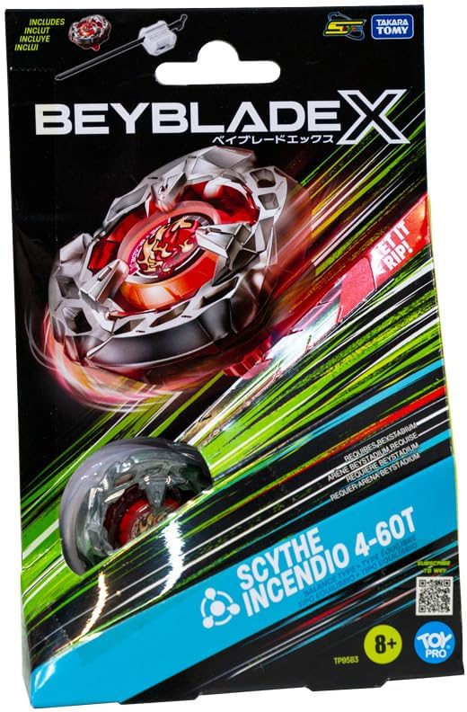 Takara Tomy Beyblade X Launcher Scythe Incendio 4-60T Starter Pack Top & Launcher, Easy Grip, Battle Top Toy, Bey Toy for 8+ Year Old Boys Girls, Authentic Die-cast Metal Parts, Powerful Attacks