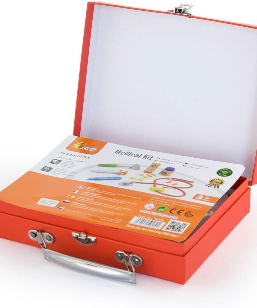 Viga Wooden Medical Kit, Role-Play Accessories Including Syringe, Tablets, Stethoscope and Medicine, Durable and Colorful Toy for Kids