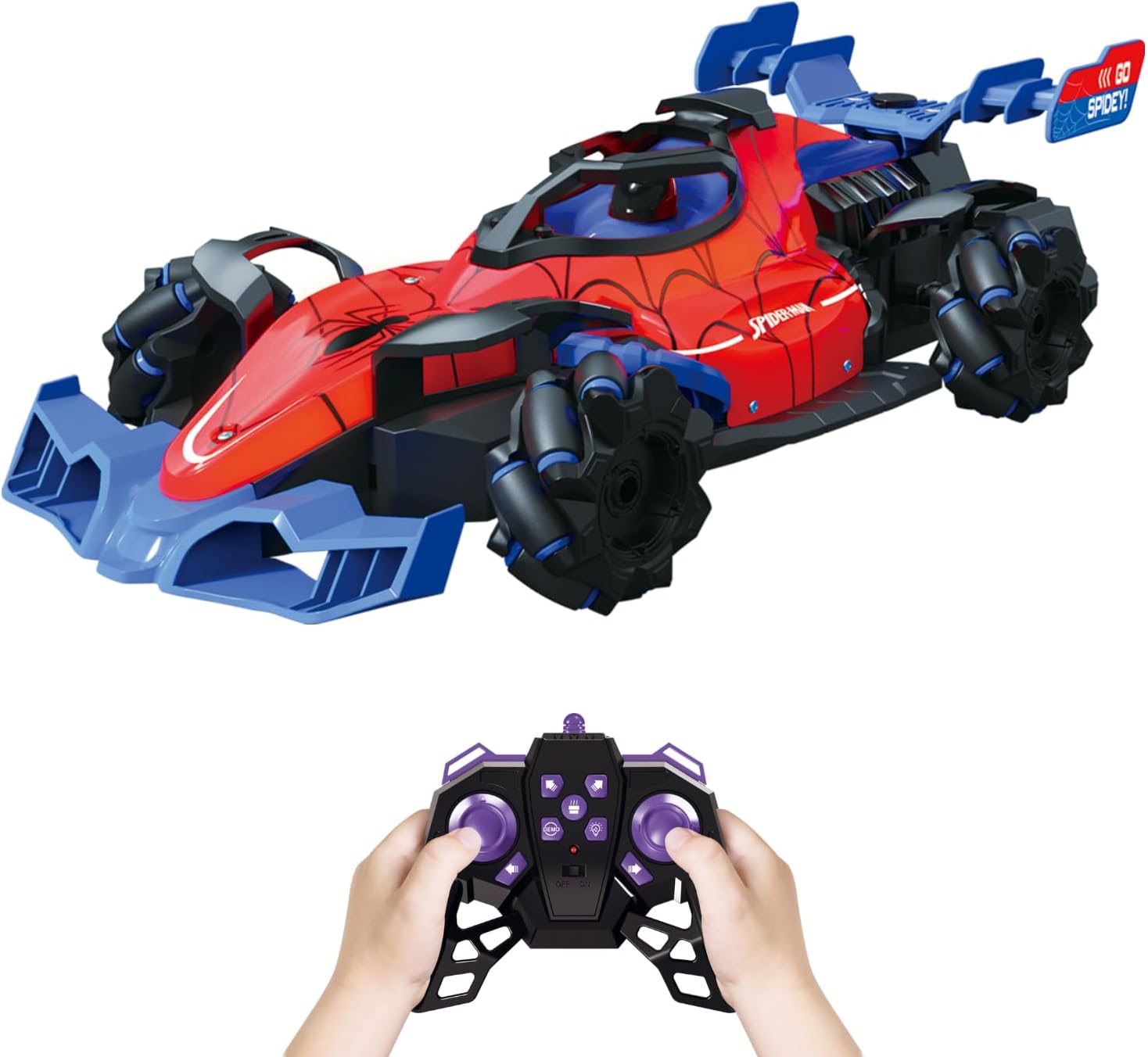 Marvel Spider-Man Aero Spitz GT RC Stunt Car – 2.4 GHz Remote Control Drifting Vehicle with Mecanum Wheels, Water Mist Spray, Music & LED Lights, 360° Spins, Official Marvel Toy for Kids Ages 6+