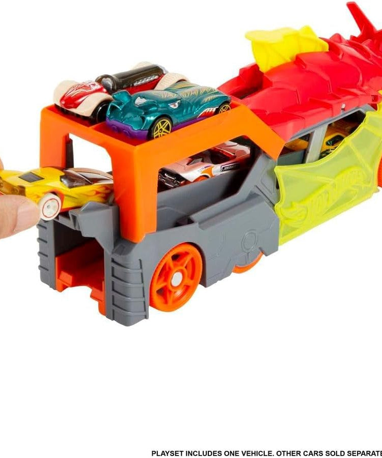 Hot Wheels City Dragon Launch Transporter Playset with Vehicle Launcher and Storage, 1:64 Scale, Interactive Toy for Kids 3+