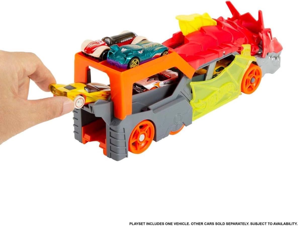 Hot Wheels City Dragon Launch Transporter Playset with Vehicle Launcher and Storage, 1:64 Scale, Interactive Toy for Kids 3+