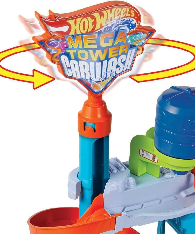 Hot Wheels City Mega Car Wash Playset with 1 Color Shifters Car, No-Mess Water Play, Track Features, Connects to Other Sets, Kids Toys for Ages 3 and Up