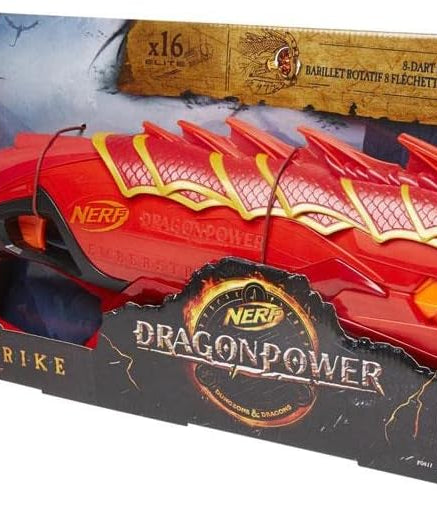 مسدس نيرف دراجون باور إمبرسترايك، مستوحى من لعبة الزنزانات والتنينات، مزود بأسطوانة دوارة بثمانية سهام، يعمل بضخ الهواء، يتضمن 16 سهم نيرف إيليت مع مخزن للسهام، مسدس لعبة للأطفال من سن 8 سنوات فما فوق