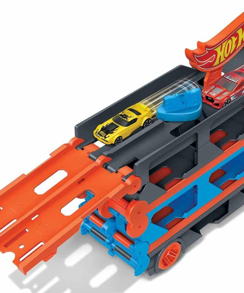Hot Wheels Convertible Transport Truck GVG37 – 1:64 Scale Semi-Truck Playset with Dual Launcher, 3 Die-Cast Cars & Expandable Track – Ages 4 to 8