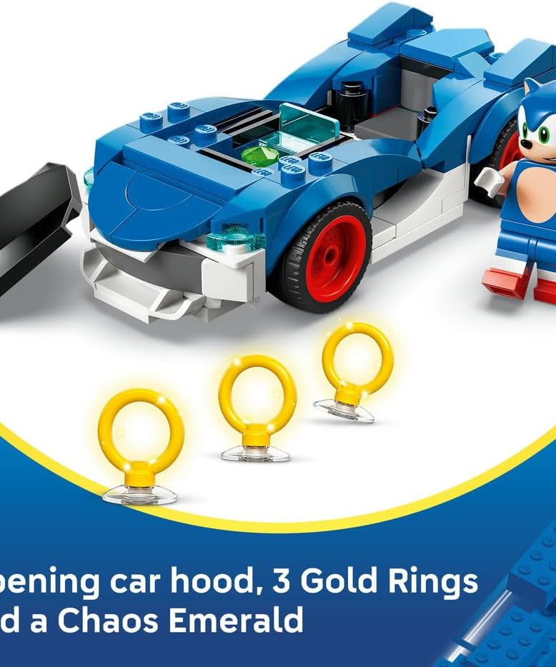 LEGO Sonic the Hedgehog: Sonic : Speedster Lightning - Race Car Toy w/a Minifigure, Chaos Emerald & 3 Gold Rings - Gaming Gift for 7+ Year Old Boys & Girls - 77117