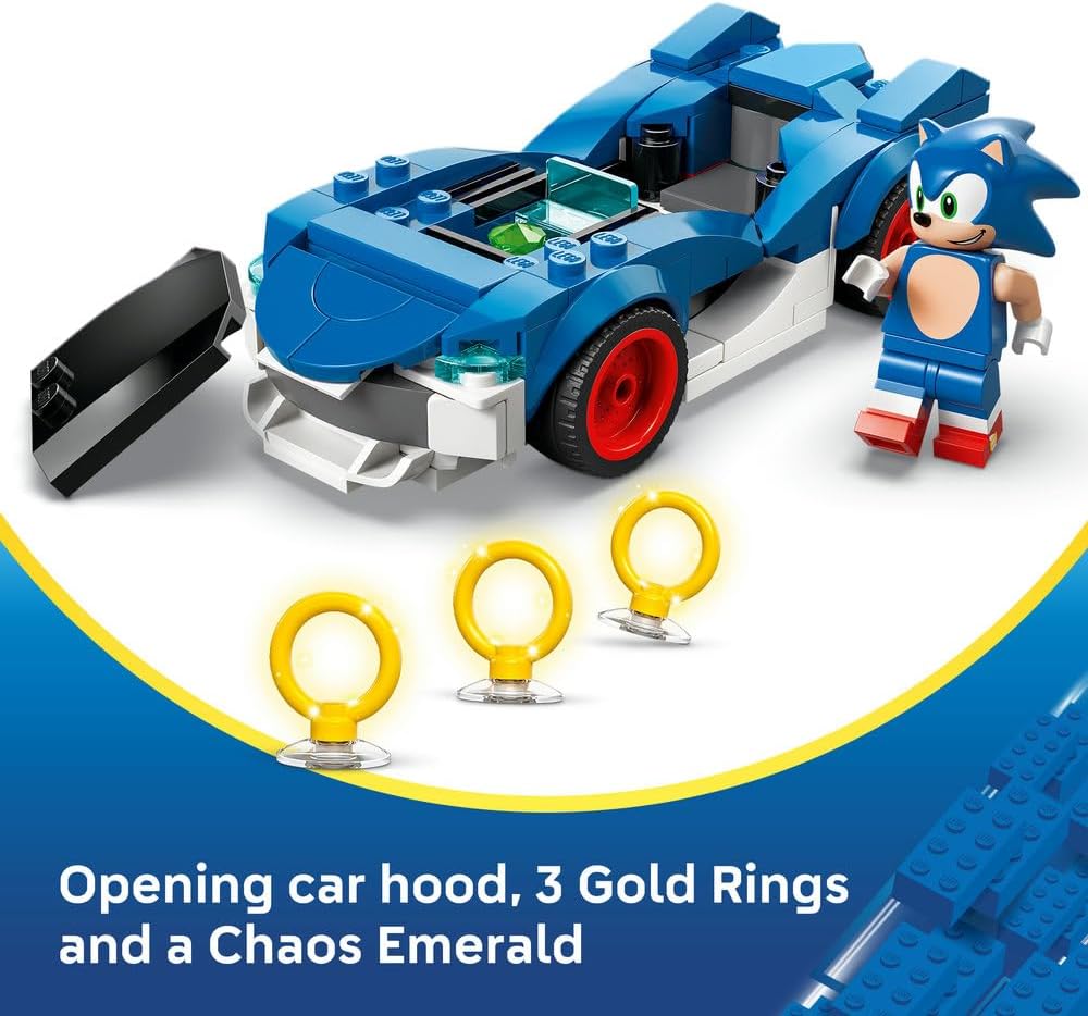 LEGO Sonic the Hedgehog: Sonic : Speedster Lightning - Race Car Toy w/a Minifigure, Chaos Emerald & 3 Gold Rings - Gaming Gift for 7+ Year Old Boys & Girls - 77117