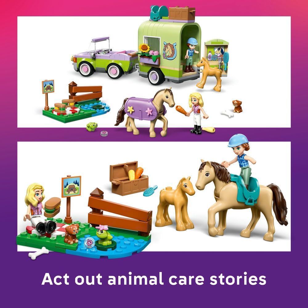 LEGO Friends Horse & Baby Foal Trailer - Horse Toy Playset w/Grooming Accessories, 4 Animal Figures, Car & 2 Mini Dolls - Birthday Gift Idea for 7+ Year Old Girls - 42695