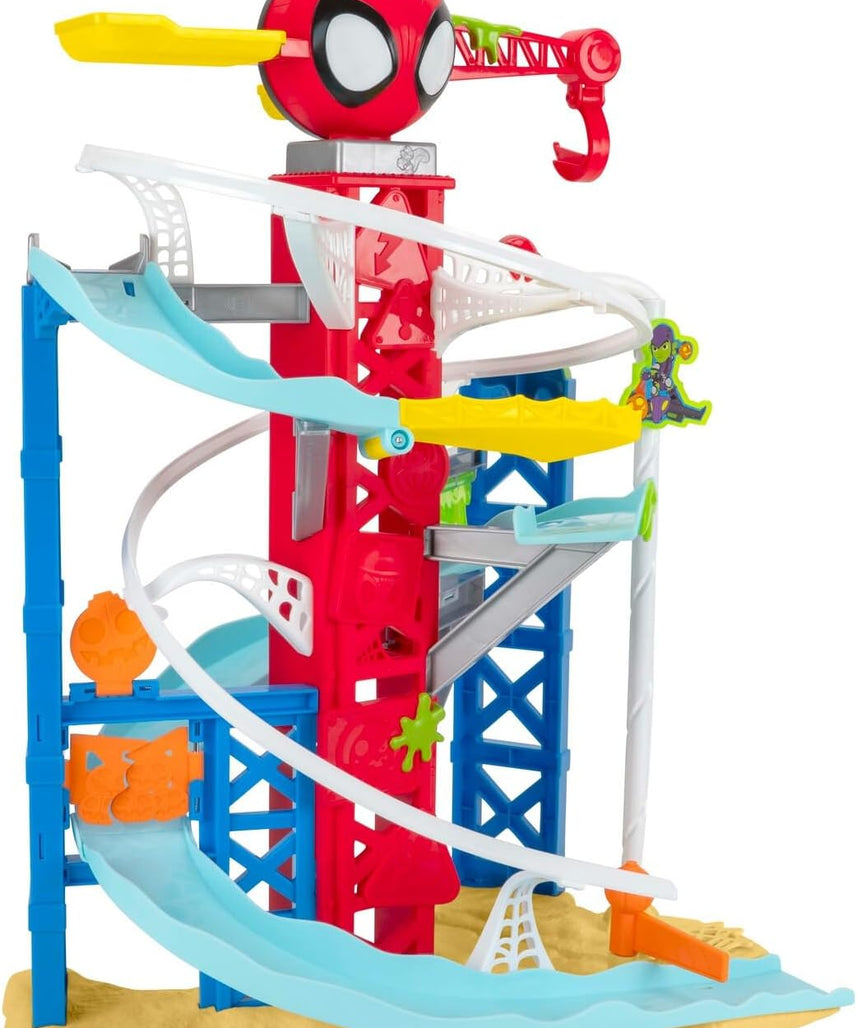 Spidey N Friends Construction Zone Chaos Track Set, Deluxe 2-Foot High Race Track Features Zip Line, Action Zones, & 2 Separate Tracks with Two 3-Inch Vehicles, Kids Toys, Gift, Playset, 3 Years+