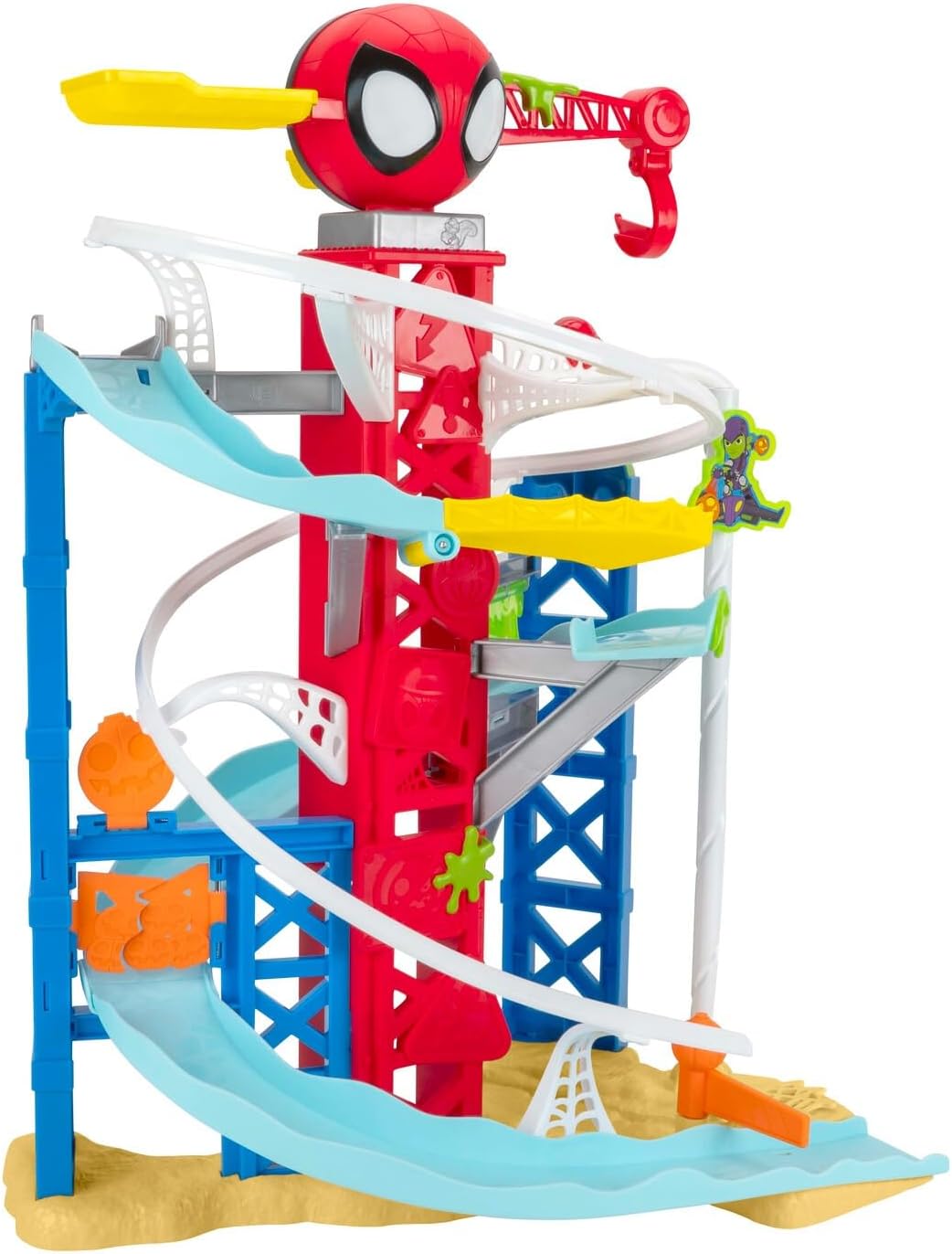 Spidey N Friends Construction Zone Chaos Track Set, Deluxe 2-Foot High Race Track Features Zip Line, Action Zones, & 2 Separate Tracks with Two 3-Inch Vehicles, Kids Toys, Gift, Playset, 3 Years+