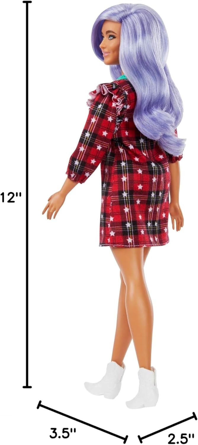 Barbie Fashionistas Doll #157, Curvy with Lavender Hair, Red Plaid Dress, White Cowboy Boots & Teal Cactus Bag, GRB49