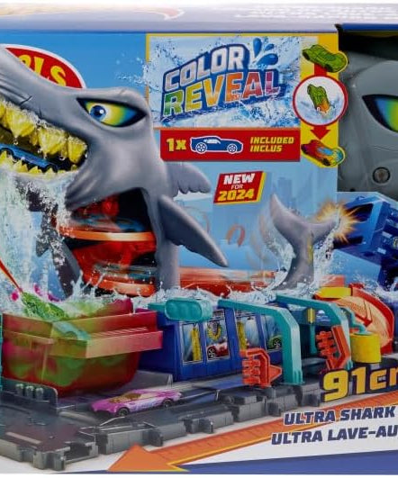 Hot Wheels Let’s Race Netflix City Shark Wash Station Playset with 1:64 Color Reveal Car, Colour Changing Car Wash Track Set, Interactive Water Play Toy for Kids 3 Years+