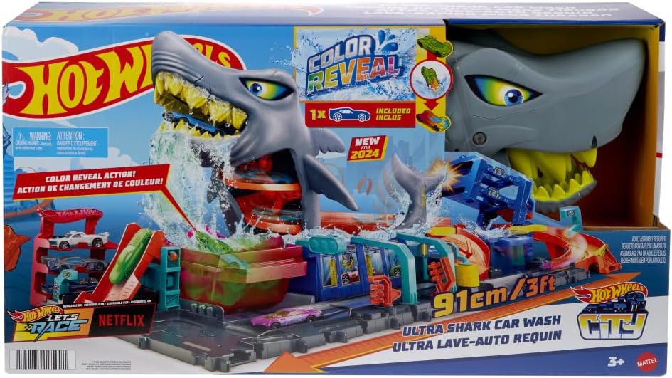 Hot Wheels Let’s Race Netflix City Shark Wash Station Playset with 1:64 Color Reveal Car, Colour Changing Car Wash Track Set, Interactive Water Play Toy for Kids 3 Years+