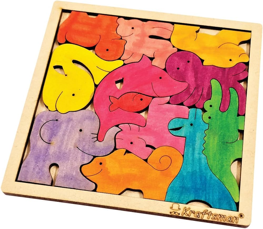 Kraftsman Color Your Own Wooden Animal Puzzle with Sketch Color Kit, DIY 12 Piece Creative Coloring Jigsaw for Kids, 4+ Years