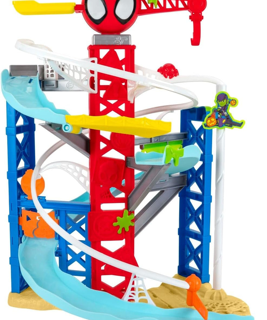 Spidey N Friends Construction Zone Chaos Track Set, Deluxe 2-Foot High Race Track Features Zip Line, Action Zones, & 2 Separate Tracks with Two 3-Inch Vehicles, Kids Toys, Gift, Playset, 3 Years+
