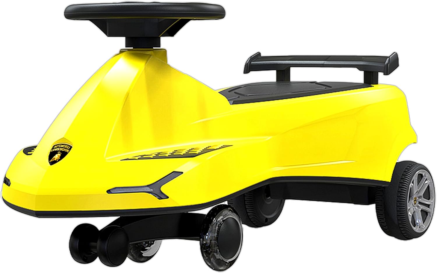 سيارة لامبورغيني سوينغ كار للأطفال، صفراء، أضواء وأصوات، دوران 360 درجة، جناح خلفي متحرك، رخصة لامبورغيني رسمية