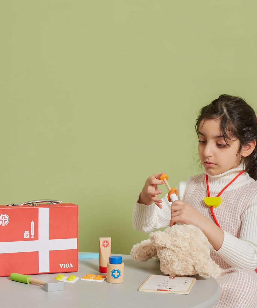 Viga Wooden Medical Kit, Role-Play Accessories Including Syringe, Tablets, Stethoscope and Medicine, Durable and Colorful Toy for Kids