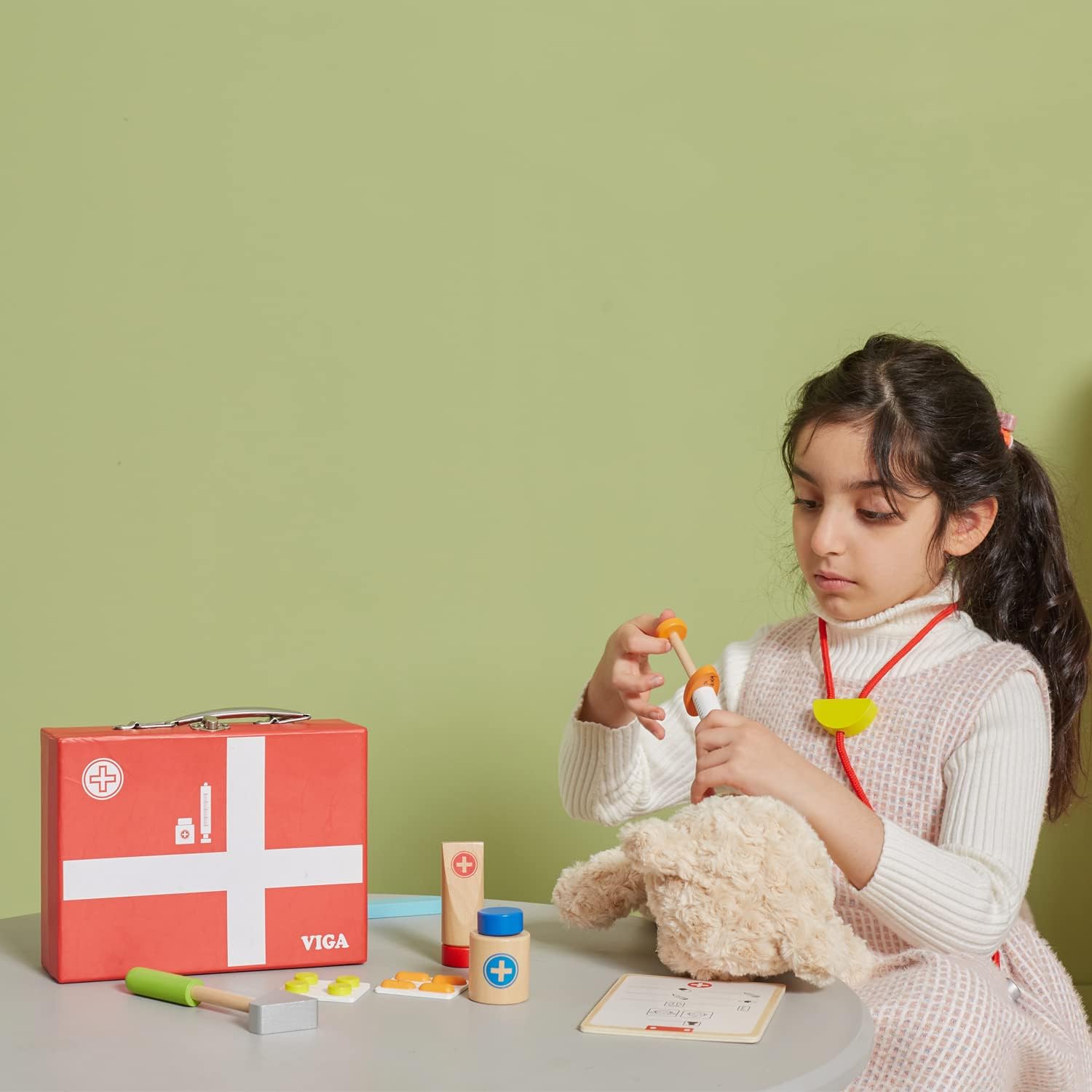 Viga Wooden Medical Kit, Role-Play Accessories Including Syringe, Tablets, Stethoscope and Medicine, Durable and Colorful Toy for Kids