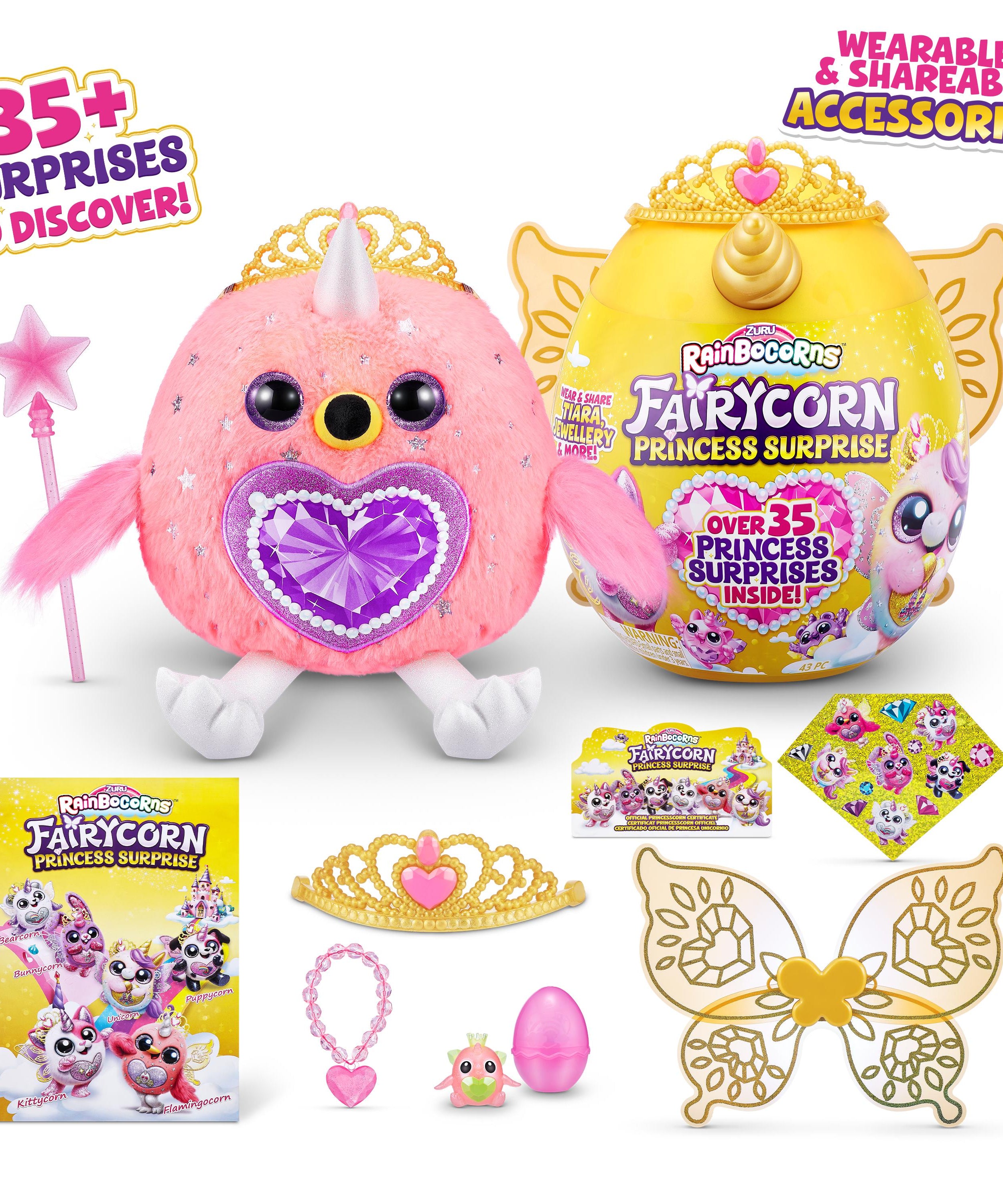 Rainbocorns Fairycorn Princess Surprise (Puppy) 11" Collectible Plush Toy with 35+ Surprises, Fairy Wings, Tiara, Wand, Boo-Boocorn, and Surprise Egg, Soft Toy for Girls Ages 3+