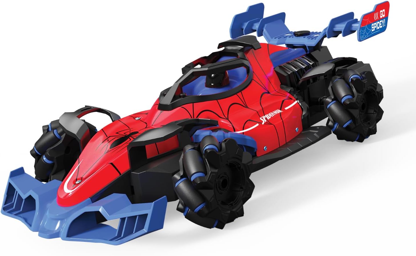 Marvel Spider-Man Aero Spitz GT RC Stunt Car – 2.4 GHz Remote Control Drifting Vehicle with Mecanum Wheels, Water Mist Spray, Music & LED Lights, 360° Spins, Official Marvel Toy for Kids Ages 6+