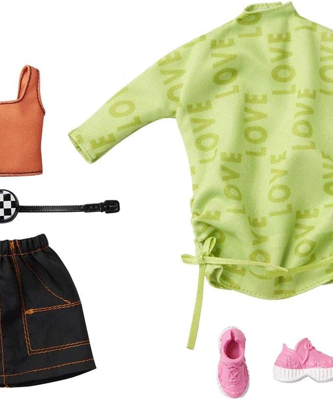 Barbie Fashions 2-Pack Clothing Set, 2 Outfits for Barbie Doll includes Off-The-Shoulder Butterfly Print Dress, Butterfly Tank & Blue Shorts & 2 Accessories, Gift for Kids 3 to 8 Years Old