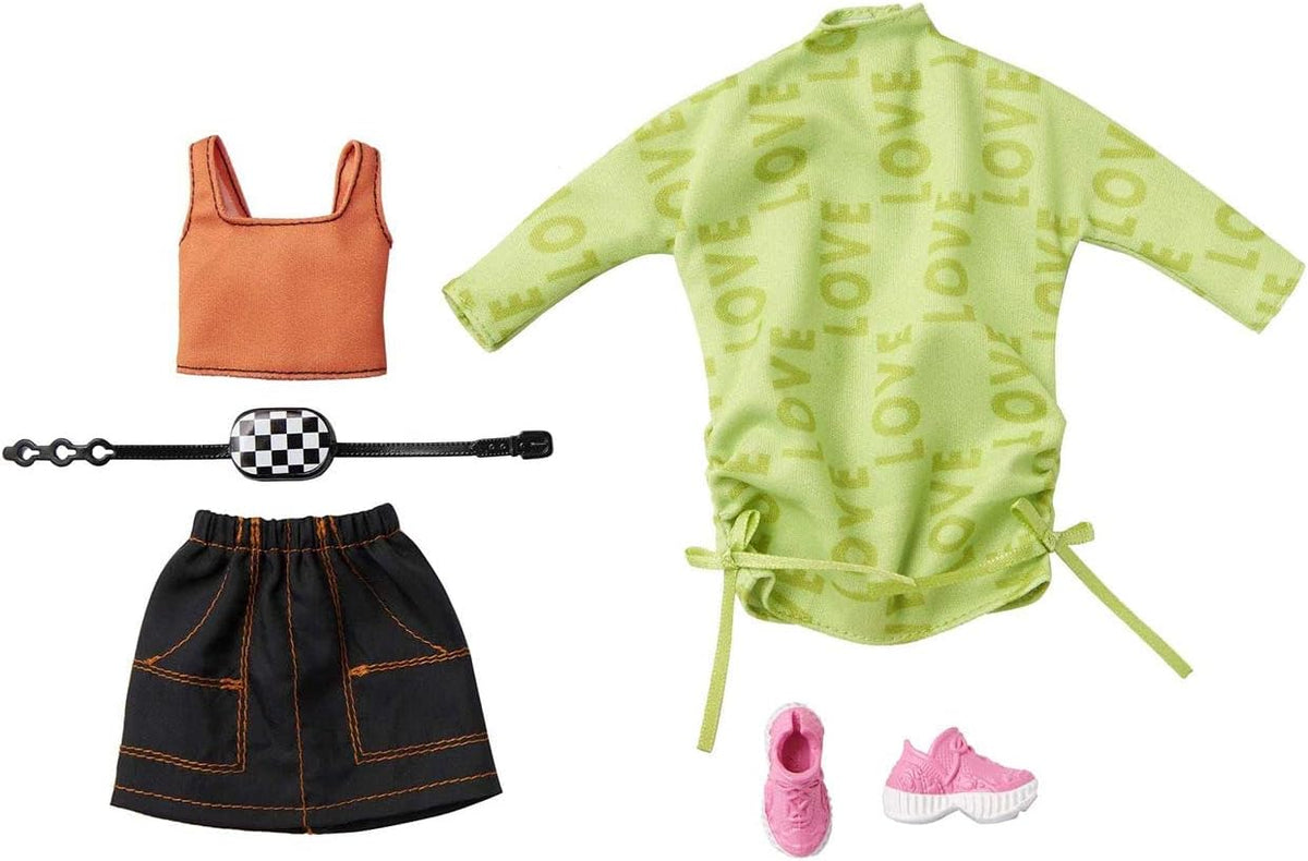 Barbie Fashions 2-Pack Clothing Set, 2 Outfits for Barbie Doll includes Off-The-Shoulder Butterfly Print Dress, Butterfly Tank & Blue Shorts & 2 Accessories, Gift for Kids 3 to 8 Years Old