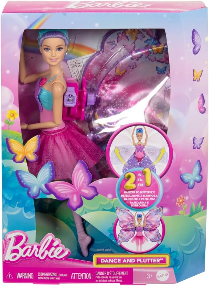 Barbie Dance and Flutter Doll with 2-in-1 Transformation from Dancer to Butterfly with Opening Wings, Purple Hair, Headpiece & Removable Tutu, HXJ10