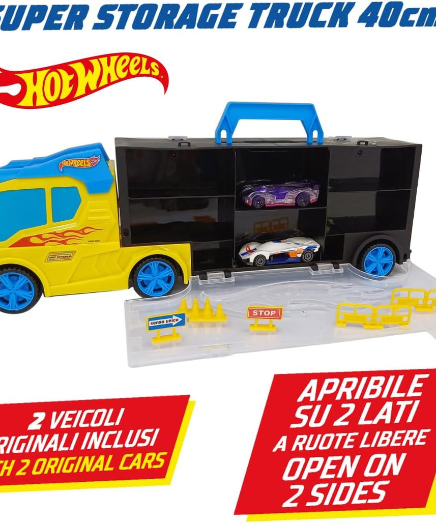 ODS 42041 Hot Wheels Transporter 40, Two Sided Folding Carry Case with Practical Handle and Car Slide, Includes 3 Original Vehicles and Road Signs, Freewheel Operation, Durable Plastic, Orange, Toy Car Storage and Playset for Kids Ages 3 and Up