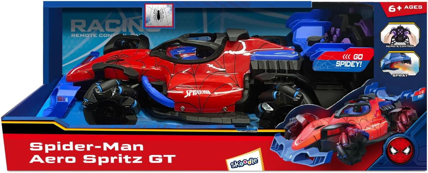Marvel Spider-Man Aero Spitz GT RC Stunt Car – 2.4 GHz Remote Control Drifting Vehicle with Mecanum Wheels, Water Mist Spray, Music & LED Lights, 360° Spins, Official Marvel Toy for Kids Ages 6+