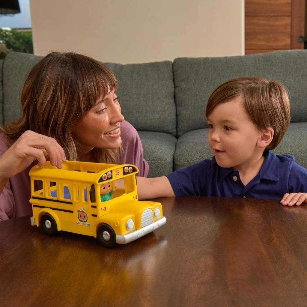 CoComelon Musical Yellow School Bus with JJ Figure, Light-Up & Sound Vehicle Toy, Wheels on the Bus Song, Battery Powered, Ages 2+