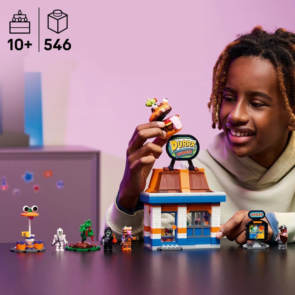 LEGO Fortnite Durrr Burger Restaurant - Creative Toy with Beach Bomber, Beef Boss & Grimey Minifigures - Collectible Gaming Gift for 10+ Year Old Boys & Girls - 77076