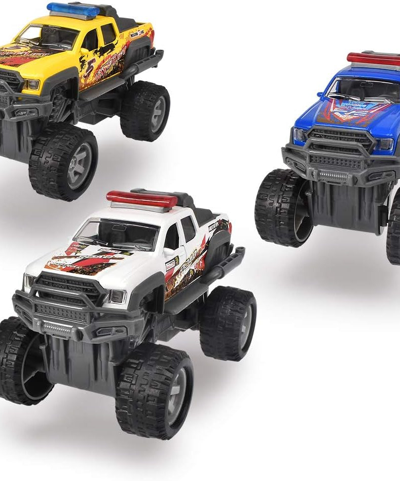 Dickie Toys Rally Monster Pull Back Toy Car 15cm, Monster Truck with Rubber Tyres, Extreme Suspension & Opening Doors, Random Color Assortment, Ages 3+