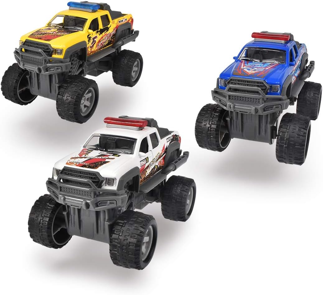 Dickie Toys Rally Monster Pull Back Toy Car 15cm, Monster Truck with Rubber Tyres, Extreme Suspension & Opening Doors, Random Color Assortment, Ages 3+