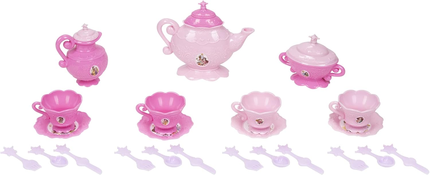 Disney Princess 26-Piece Toy Dinnerware Set, Multicolor Pretend Play Tea Set with Plates, Cups, Spoons, Forks, Knives, Teapot, Sugar Bowl and Creamer, Kids 3+