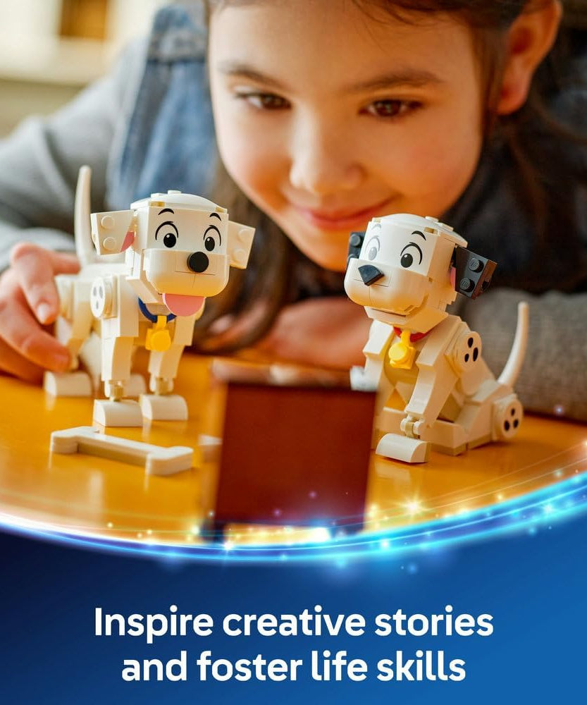 LEGO ǀ Disney Lucky & Penny 101 Dalmatians Puppies Toy - Play & Display Animal Figures with Movable Heads, Legs & Tails - incl. a Bone and TV - Ramadan Gift for 6+ Year Old Girls 43271