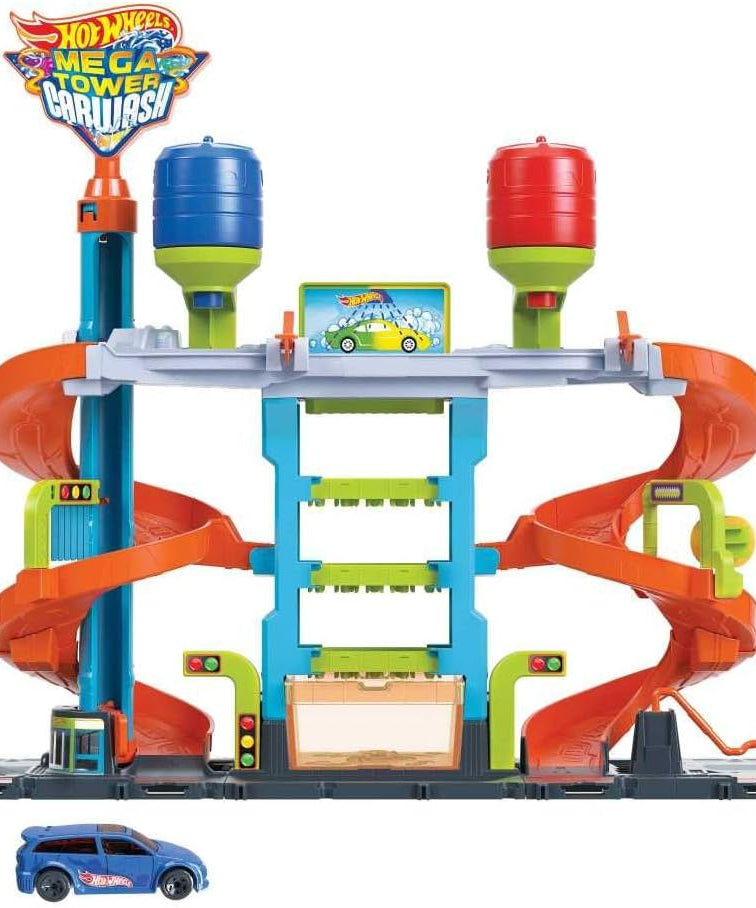 Hot Wheels City Mega Car Wash Playset with 1 Color Shifters Car, No-Mess Water Play, Track Features, Connects to Other Sets, Kids Toys for Ages 3 and Up