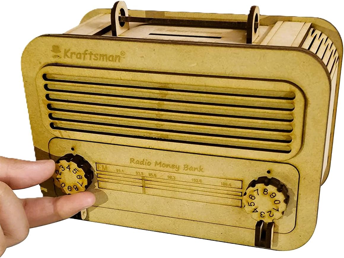 Wooden Money Bank with Password Lock Vintage Radio Trolley Style Secure Savings Box for Kids and Adults Ages 6+