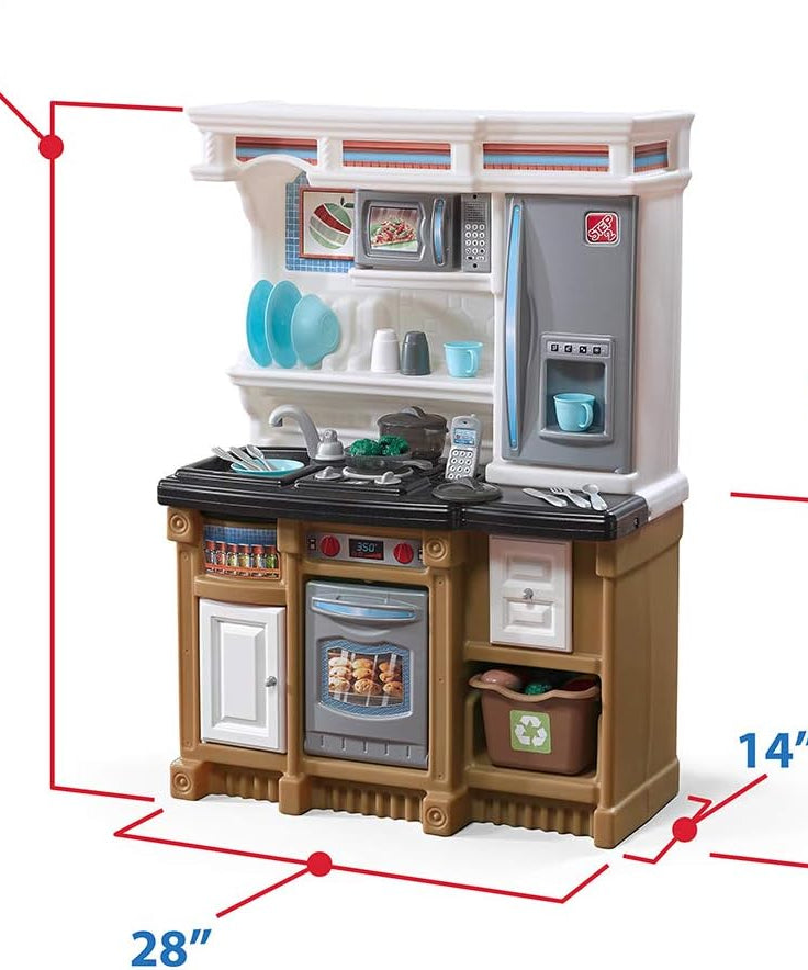 Step2 Custom Kitchen Refresh, Interactive Roleplay Kitchen Set with Lights Sounds Storage Accessories, Pretend Cooking Toy for Kids Boys and Girls Age 2 to 6, Tan