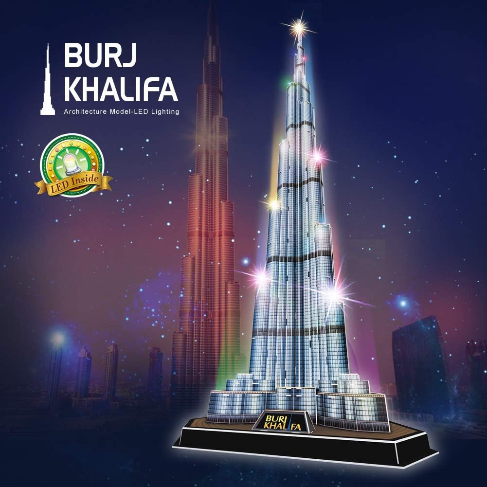 CubicFun 3D Puzzle LED Burj Khalifa Dubai Model Kit 136 Pieces Architecture Building Set for Adults + Teens Souvenir Display Gift